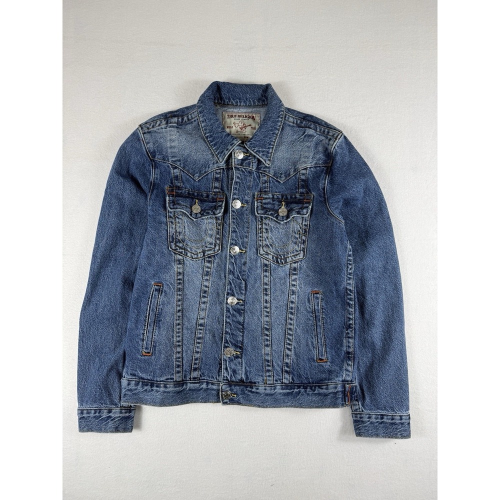 True Religion Mens Embroidered Back Denim Trucker Jacket Medium Wash S 108107